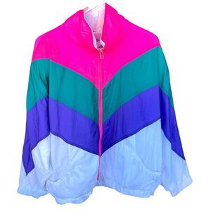 Vintage American Idea Nylon Jacket Womens Plus Size 1X Full Zip Colorblock Neon
